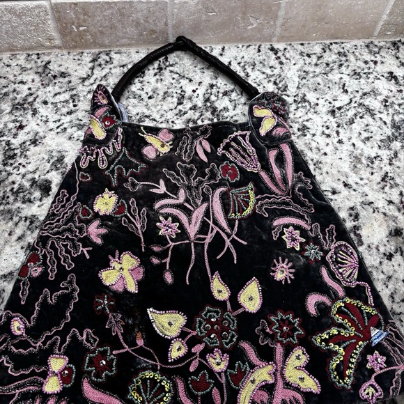 Chan Luu Velvet Silk Embroidered Beaded Bag W/ Leather Handle, Boho Luxurious - Picture 4 of 16